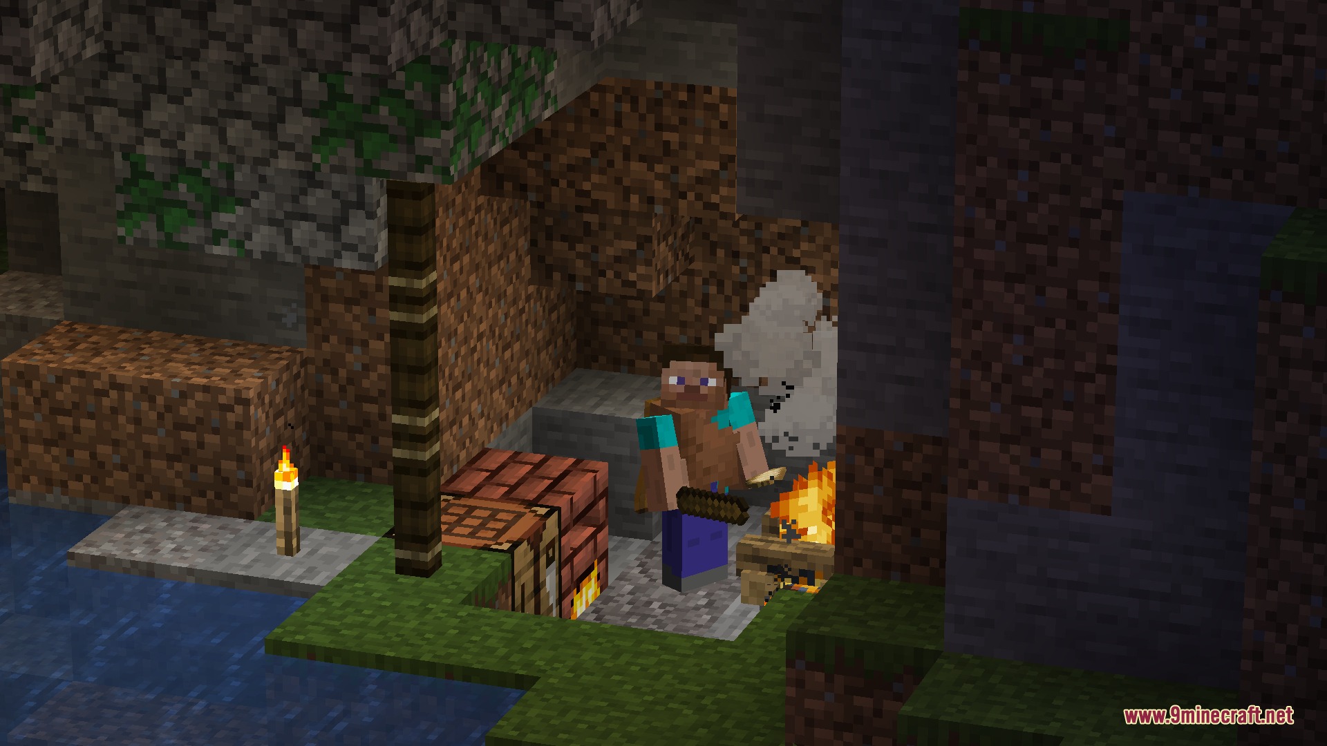 JMG's Better Than Ever BTE Mod Screenshot 3 Player stands in a small cave shelter with a campfire and crafting table