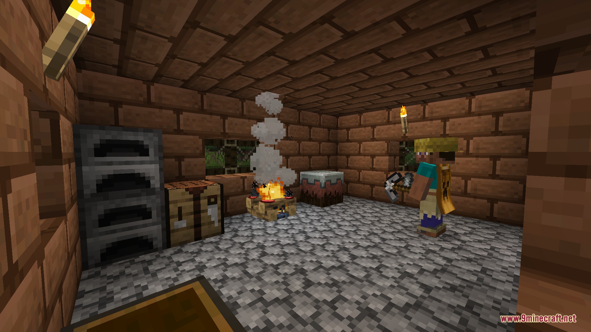 JMG's Better Than Ever BTE Mod Screenshot 4 Player explores a brick house interior with a furnace and smoking campfire