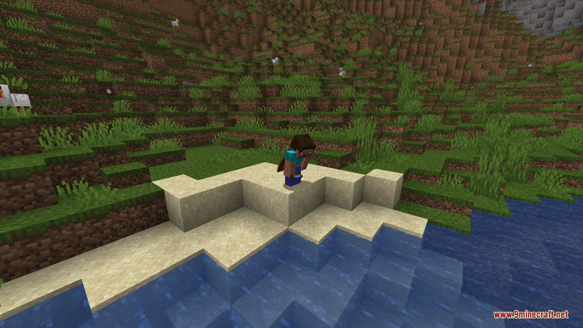 JMG's Better Than Ever BTE Mod Screenshot 5 A player character stands on sand near water examining the ground carefully