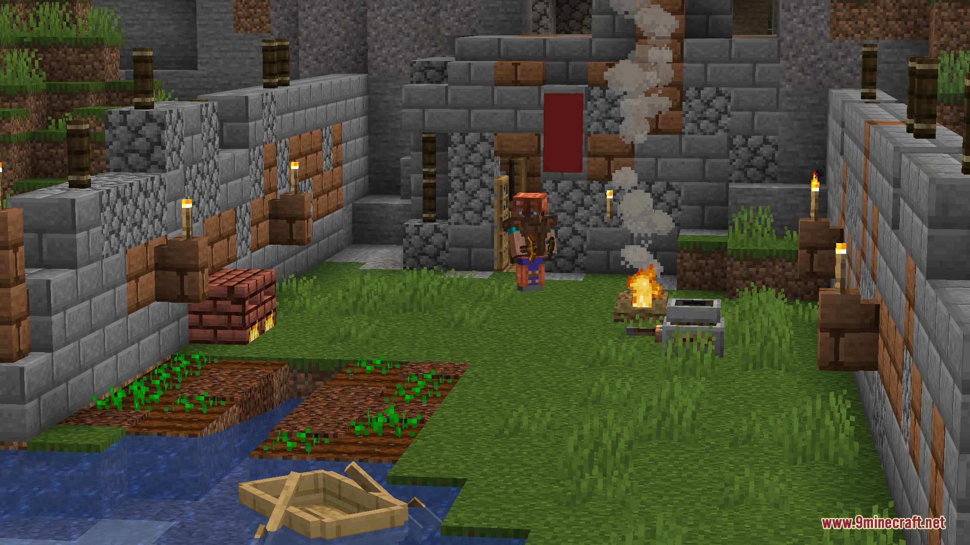 JMG's Better Than Ever BTE Mod Screenshot 7 A player stands in a fortified survival base with crops and a campfire