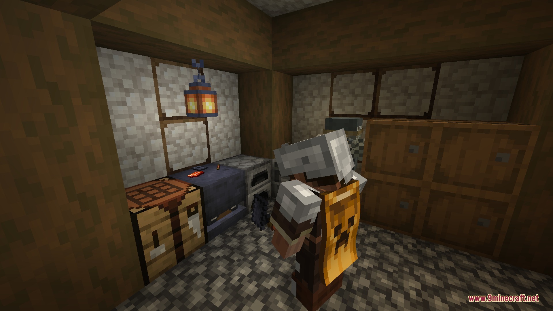 JMG's Better Than Ever BTE Mod Screenshot 8 A player wearing a creeper cape stands inside a workshop with crafting blocks