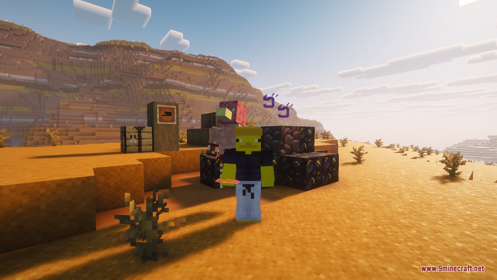 A player character in a desert biome with a summoned spirit companion