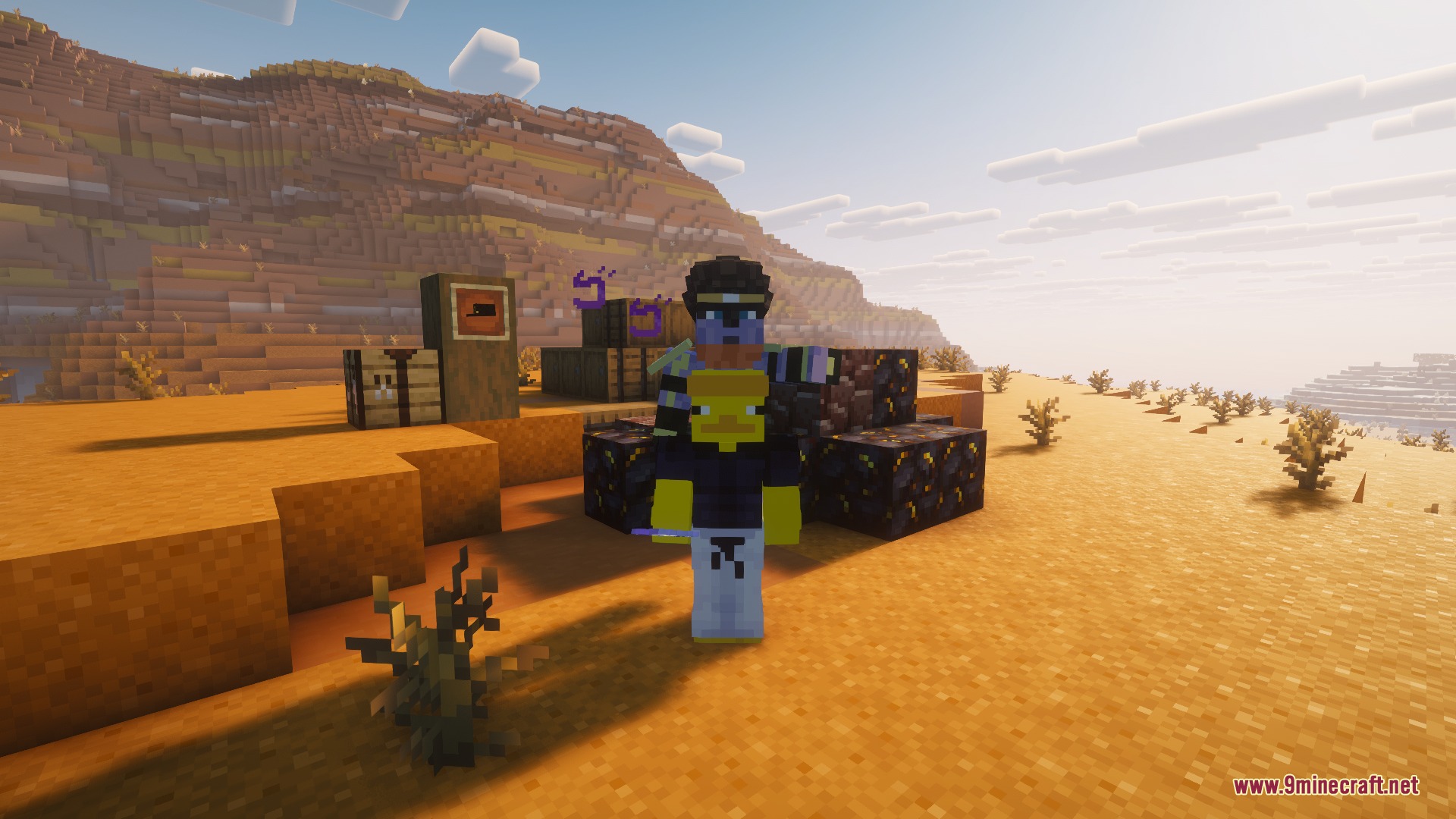 A player stands in a mesa biome with a purple spirit companion behind them