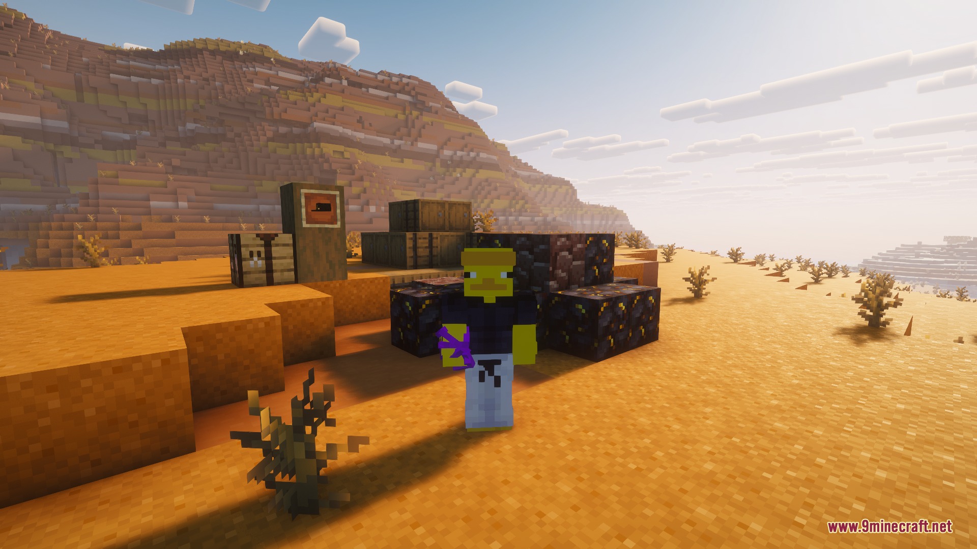 A Minecraft player holds a purple arrow while standing in a desert landscape