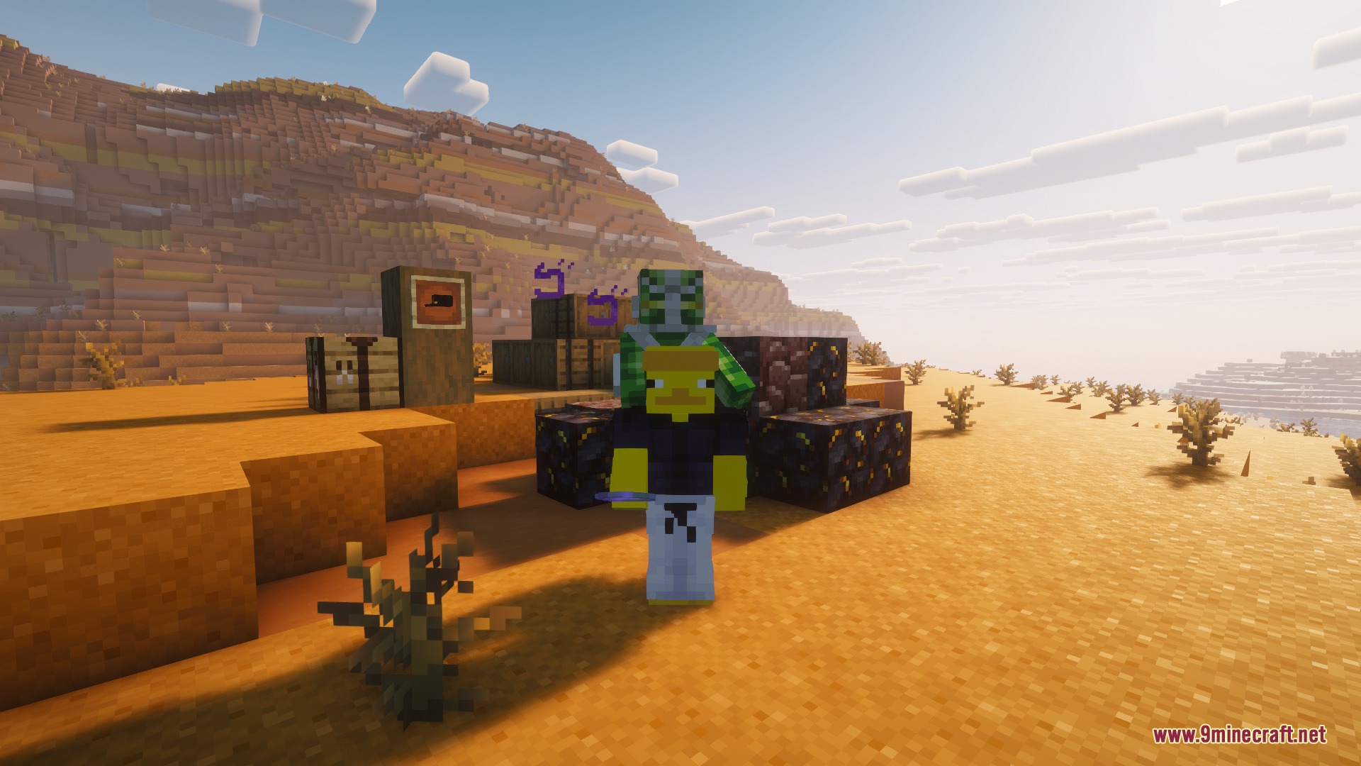 A Minecraft player summons a green battle spirit in a desert landscape