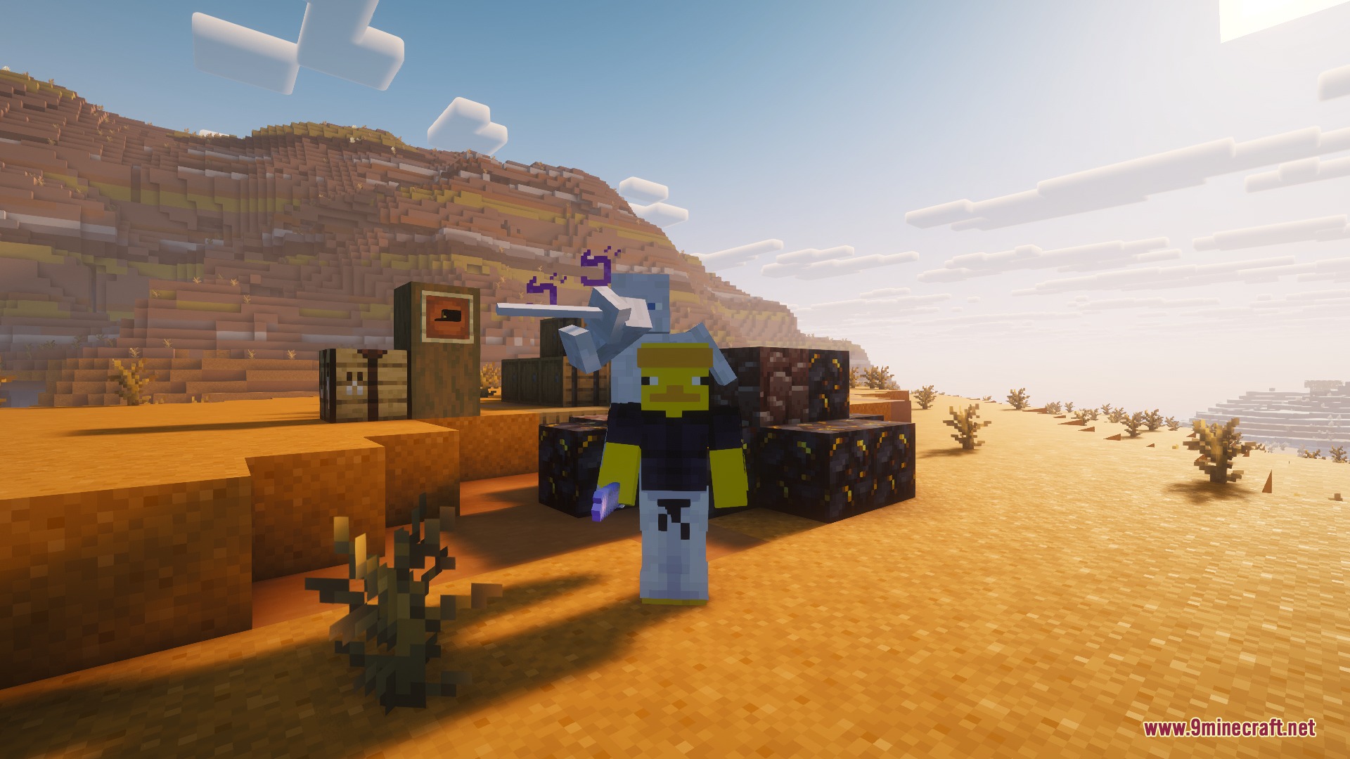 Player character displays a white spirit companion in a sunny desert environment