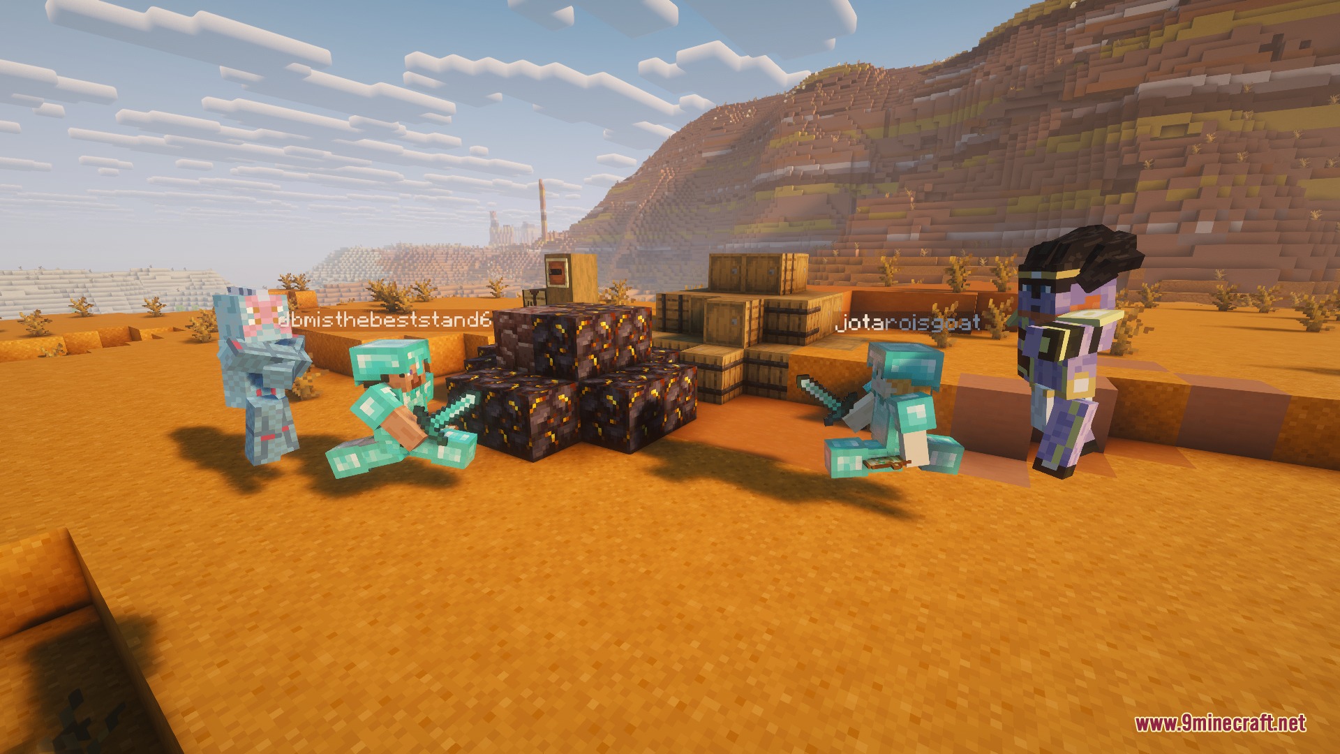 Two players in diamond armor display their powerful stands in the desert