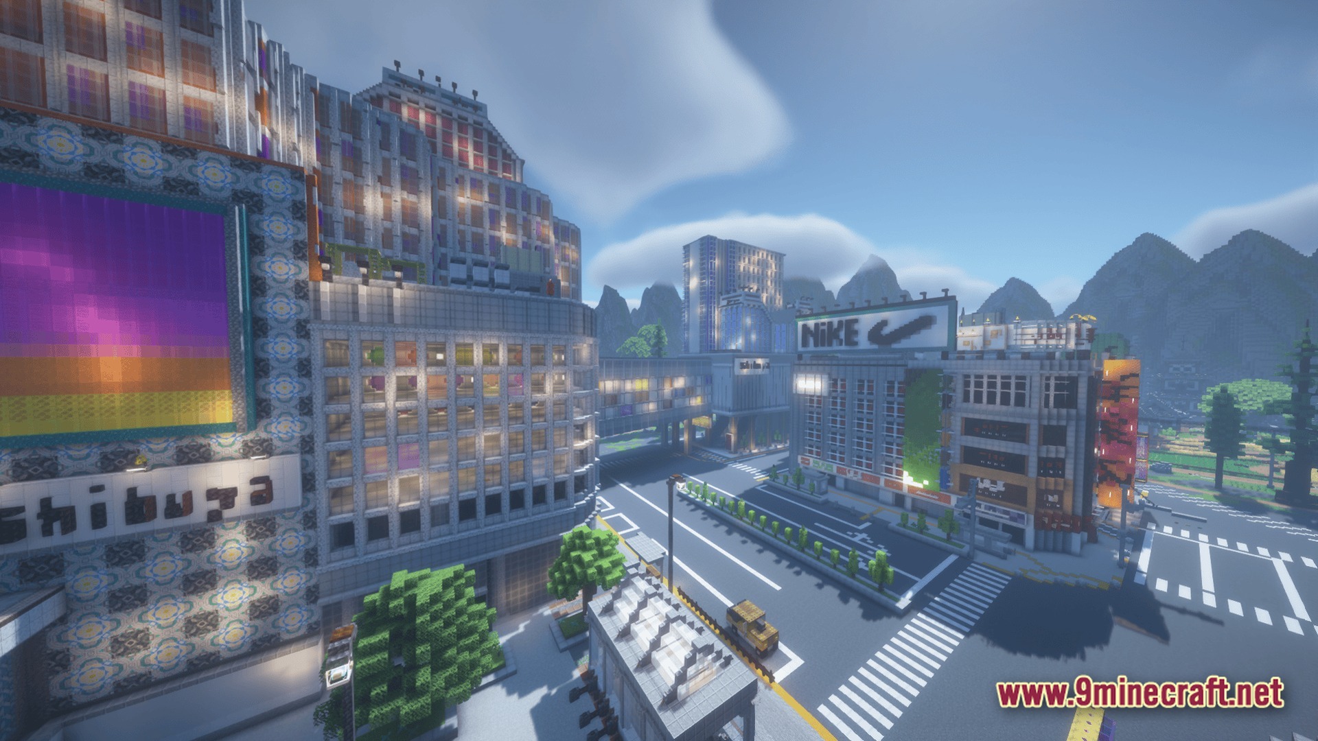 Jujutsu Kaisen Goatjo MC Server Modpack Screenshot 10 A Minecraft recreation of the Shibuya district featuring modern skyscrapers, city streets, and commercial billboards