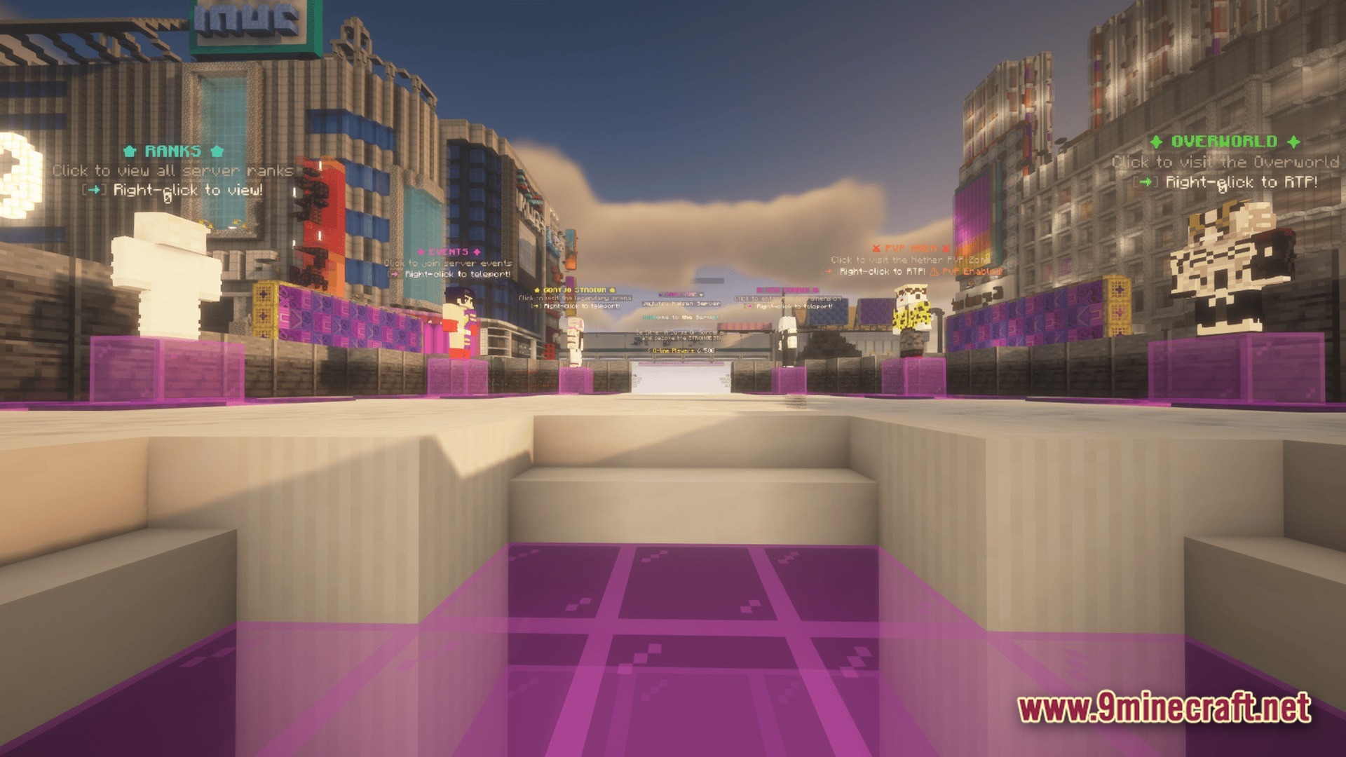 Jujutsu Kaisen Goatjo MC Server Modpack Screenshot 9 A central server hub featuring interactive NPCs, teleportation points, and a modern city skyline