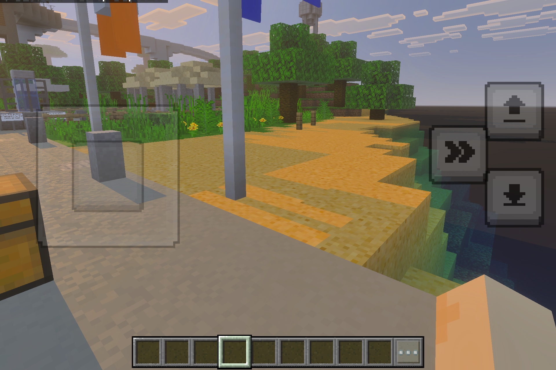 A player explores a peaceful island environment with flags and lush trees