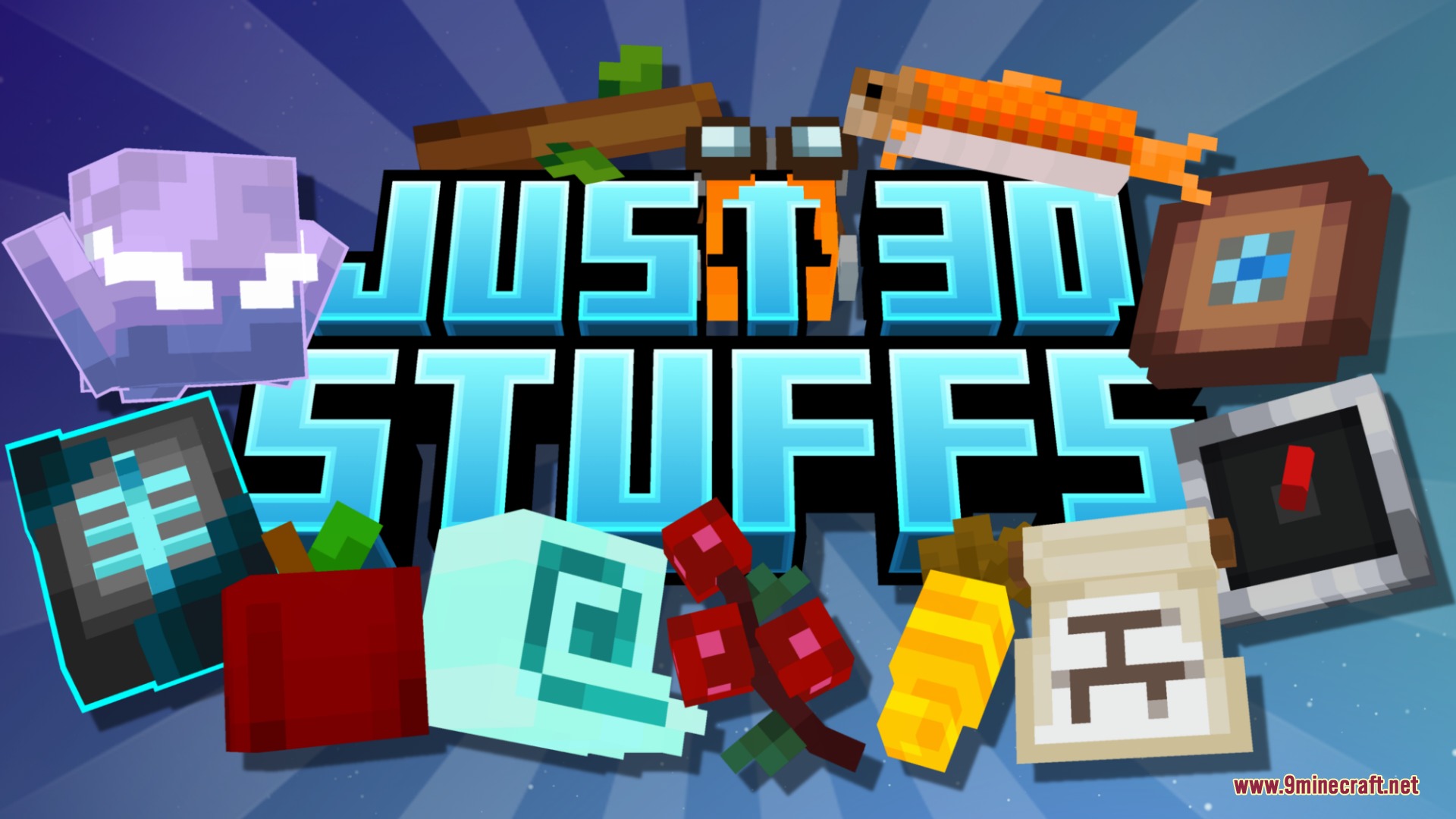 Just 3 D Stuffs Resource Pack Screenshot 1 Promotional banner for Just 3D Stuffs showing various items as blocky models
