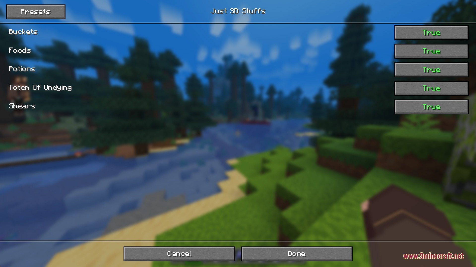 Just 3 D Stuffs Resource Pack Screenshot 2 Settings menu showing toggle options for different categories of three dimensional items