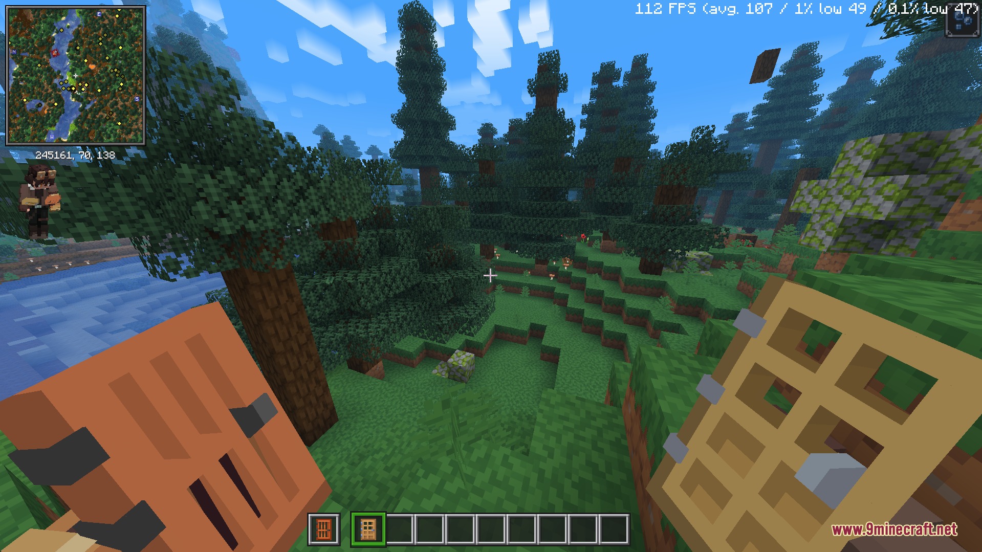 Just 3 D Stuffs Resource Pack Screenshot 4 First person view of a player holding two 3D wooden door items outdoors