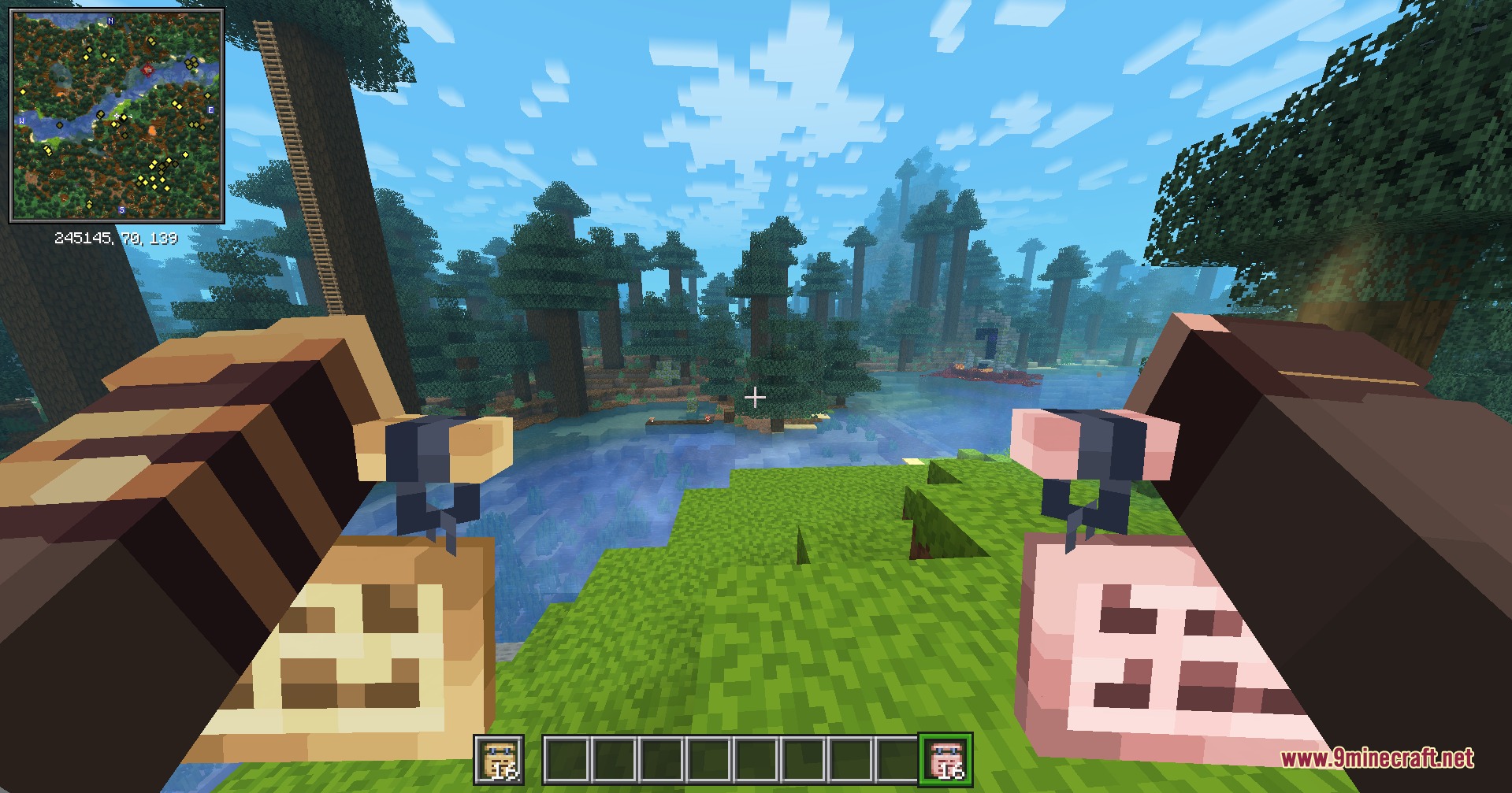 Just 3 D Stuffs Resource Pack Screenshot 6 A player holds 3D birch and cherry hanging signs in a forest