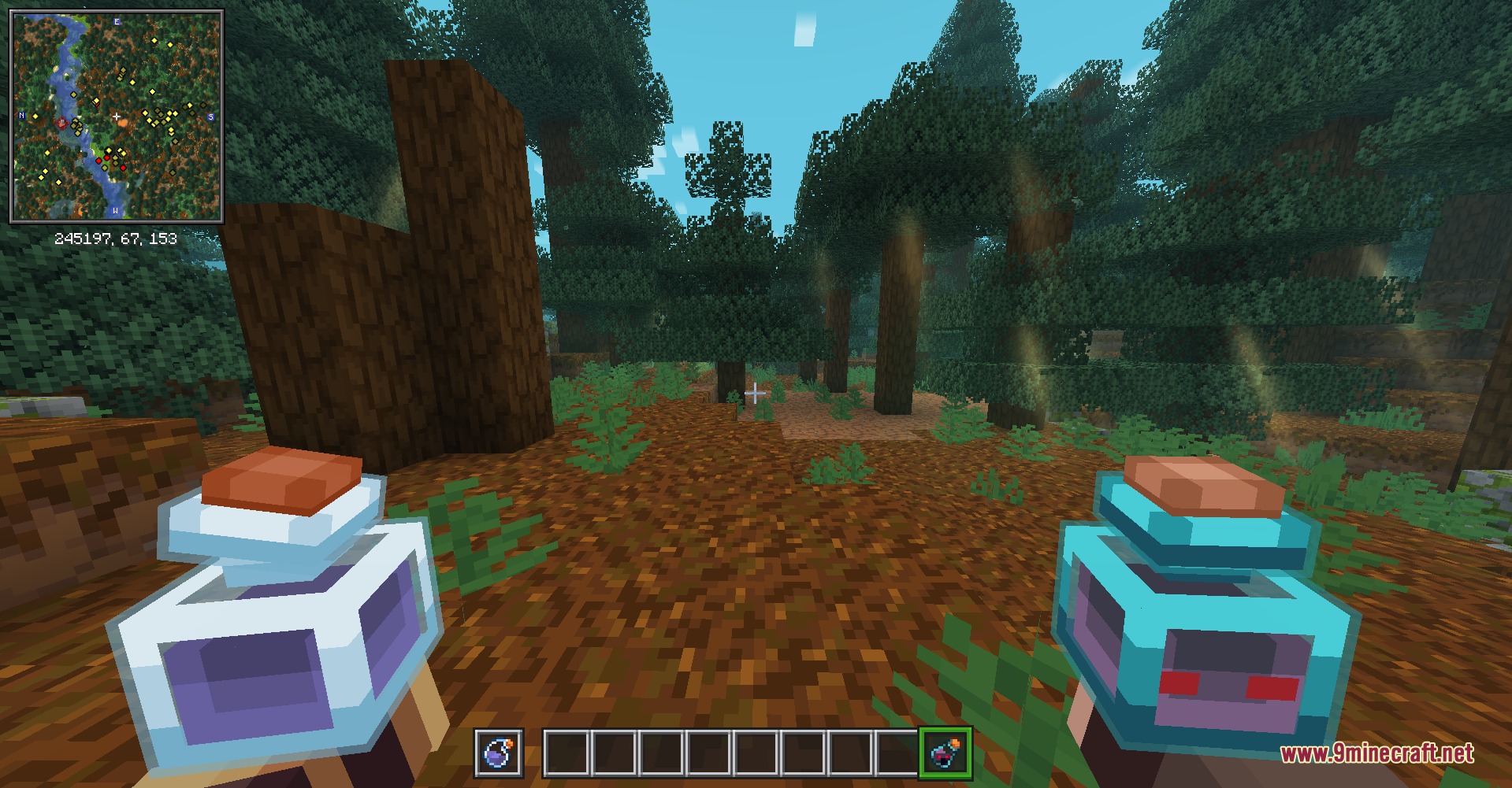 Just 3 D Stuffs Resource Pack Screenshot 8 Minecraft player holding two 3D potion bottles with corks in the woods