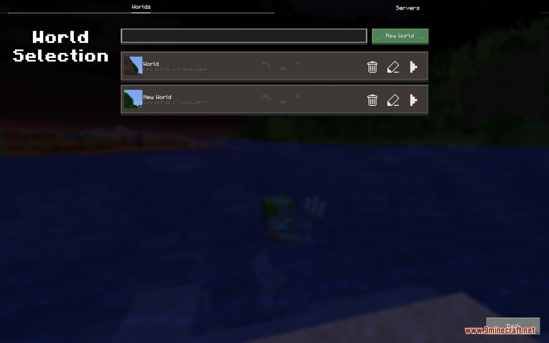 Juxt UI Mod Screenshot 4 The world selection screen listing saved worlds with a modern dark interface