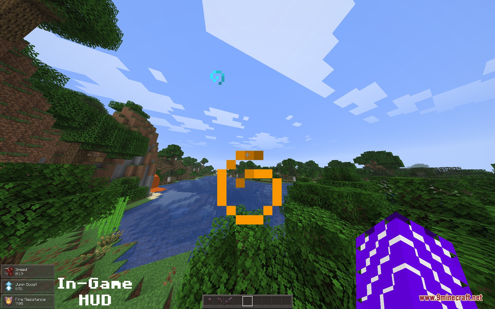 Juxt UI Mod Screenshot 6 Minecraft landscape with a redesigned HUD showing active status effects and crosshair