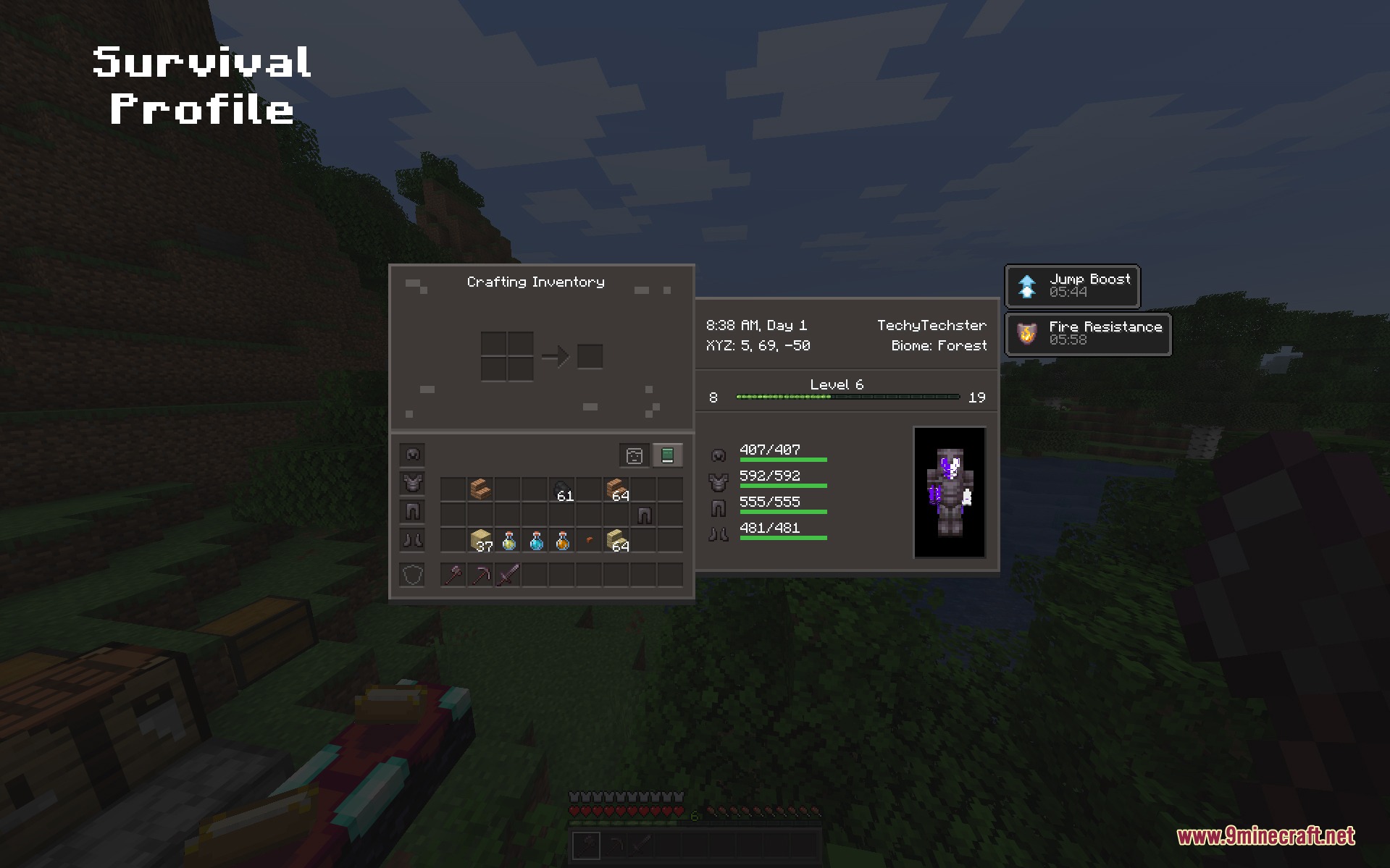 Juxt UI Mod Screenshot 8 Survival inventory screen showing player stats and health bars with modern UI