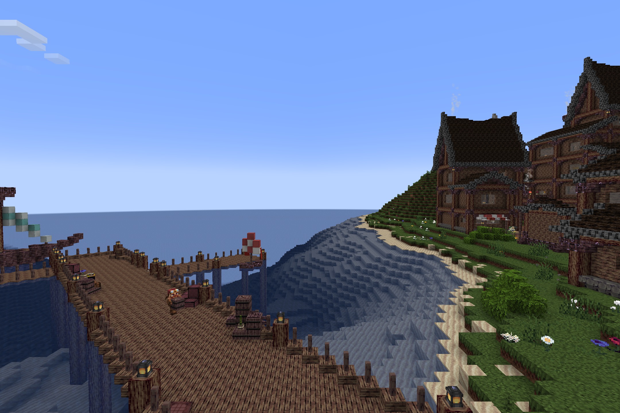 KDCraft~Fantastic Journey Resource Pack Screenshot 7 KDCraft Fantastic Journey resource pack shows a wooden dock and medieval house