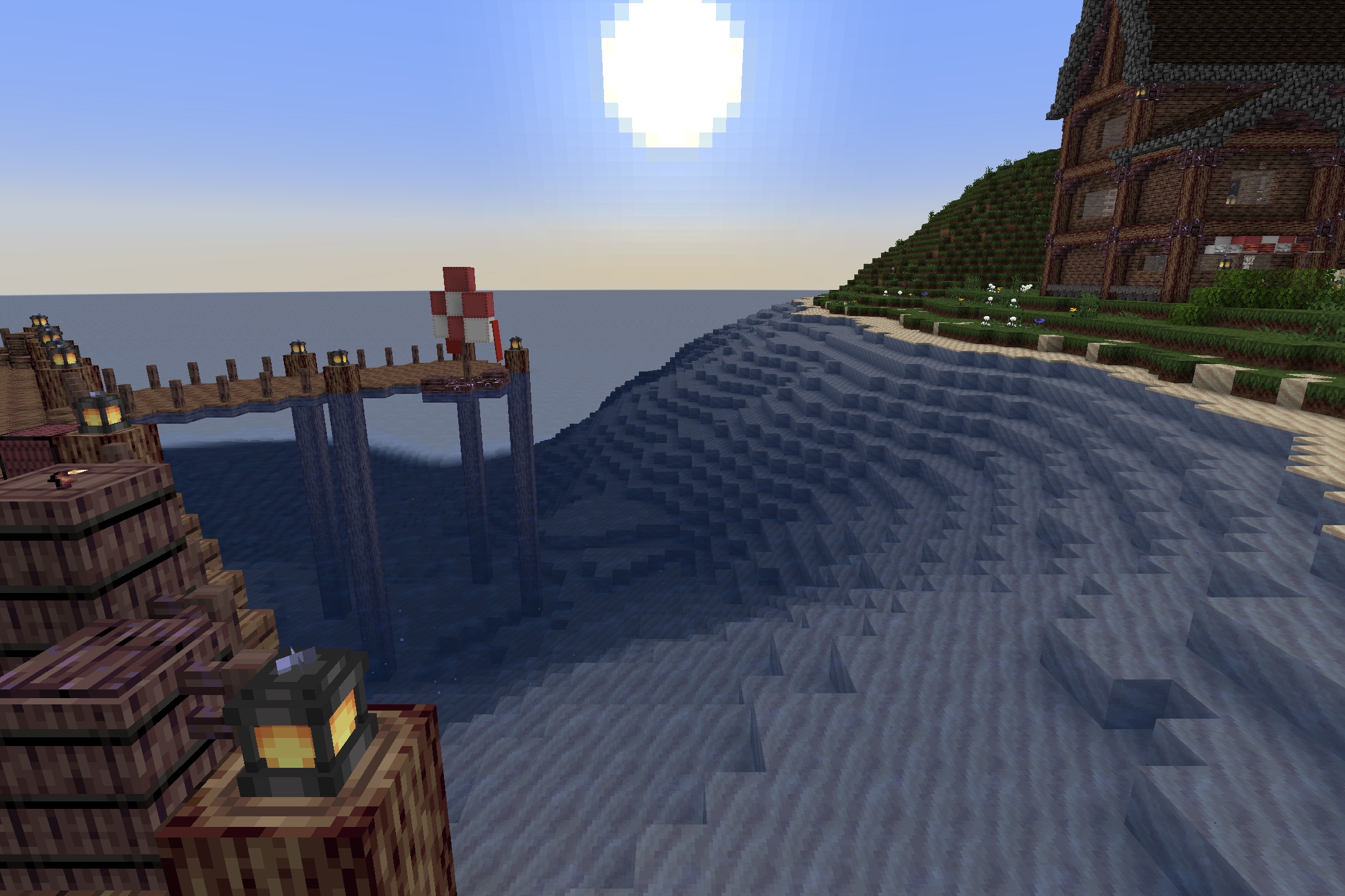 KDCraft~Fantastic Journey Resource Pack Screenshot 8 The bright sun shines over a wooden pier and clear blue water