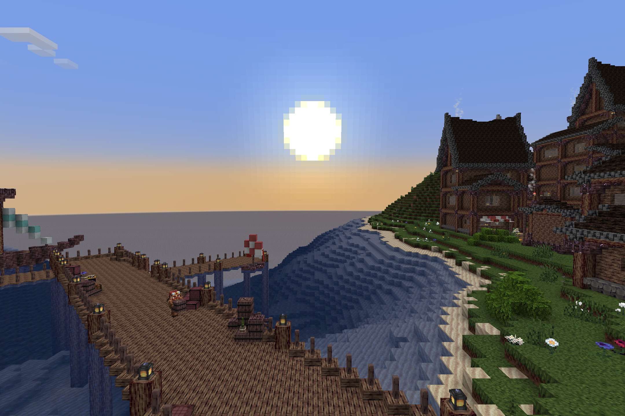 KDCraft~Fantastic Journey Resource Pack Screenshot 9 KDCraft Fantastic Journey pack showing a medieval village with a wooden pier