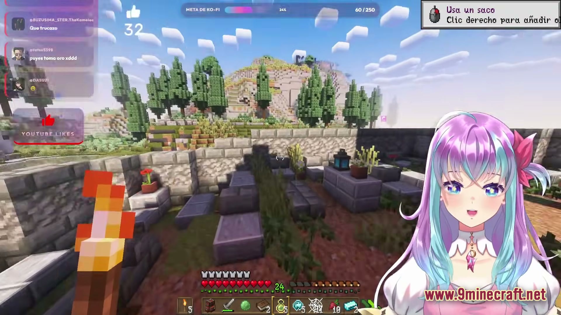 KEO RPG Optimized Modpack Screenshot 1 A player explores a stone structure in a hilly biome during a live VTuber stream