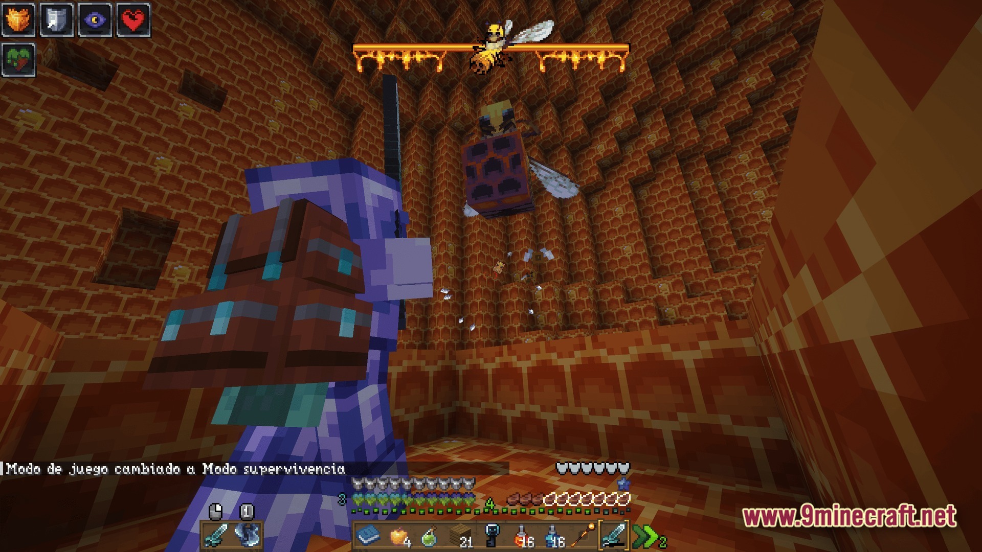 KEO RPG Optimized Modpack Screenshot 10 A player in netherite armor battles a giant bee boss inside a honeycomb-themed dungeon chamber