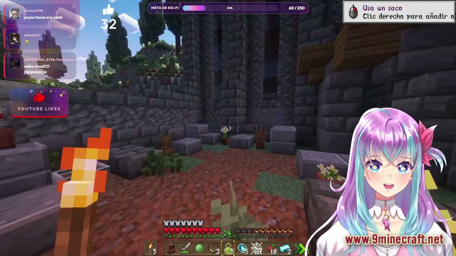 KEO RPG Optimized Modpack Screenshot 2 A player holds a torch while standing in a stone courtyard with various plants and blocks