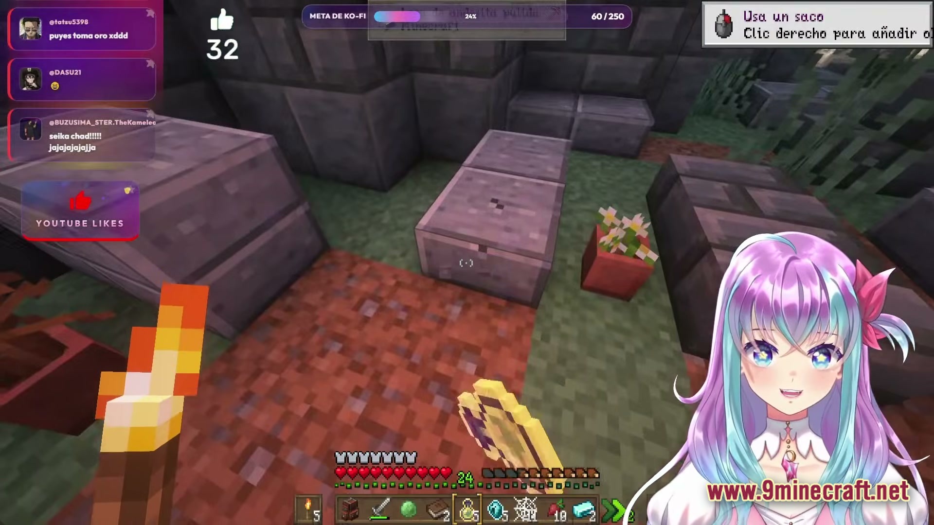 KEO RPG Optimized Modpack Screenshot 3 A player explores a stone structure while holding a torch and a golden item during a livestream