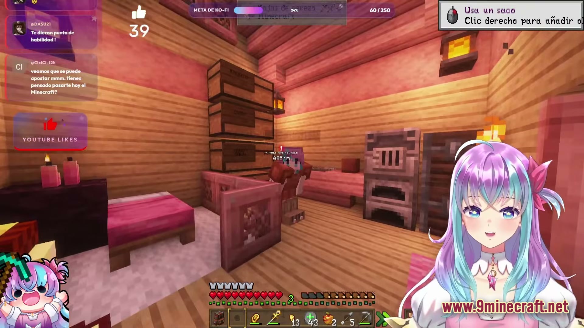 KEO RPG Optimized Modpack Screenshot 4 A pink-themed interior featuring a bed, stacked storage chests, and a stone furnace during a livestream