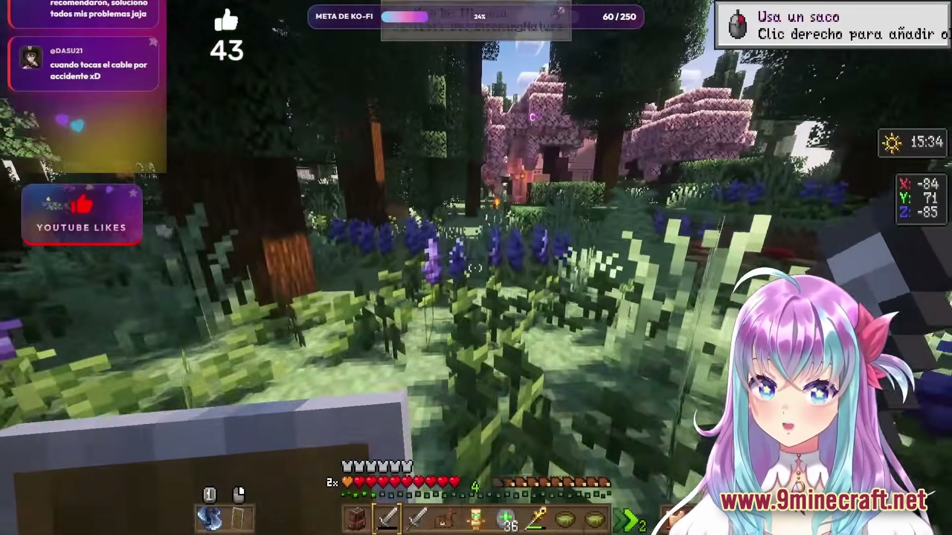KEO RPG Optimized Modpack Screenshot 5 A player explores a lush forest biome featuring cherry blossom trees and various purple flowers