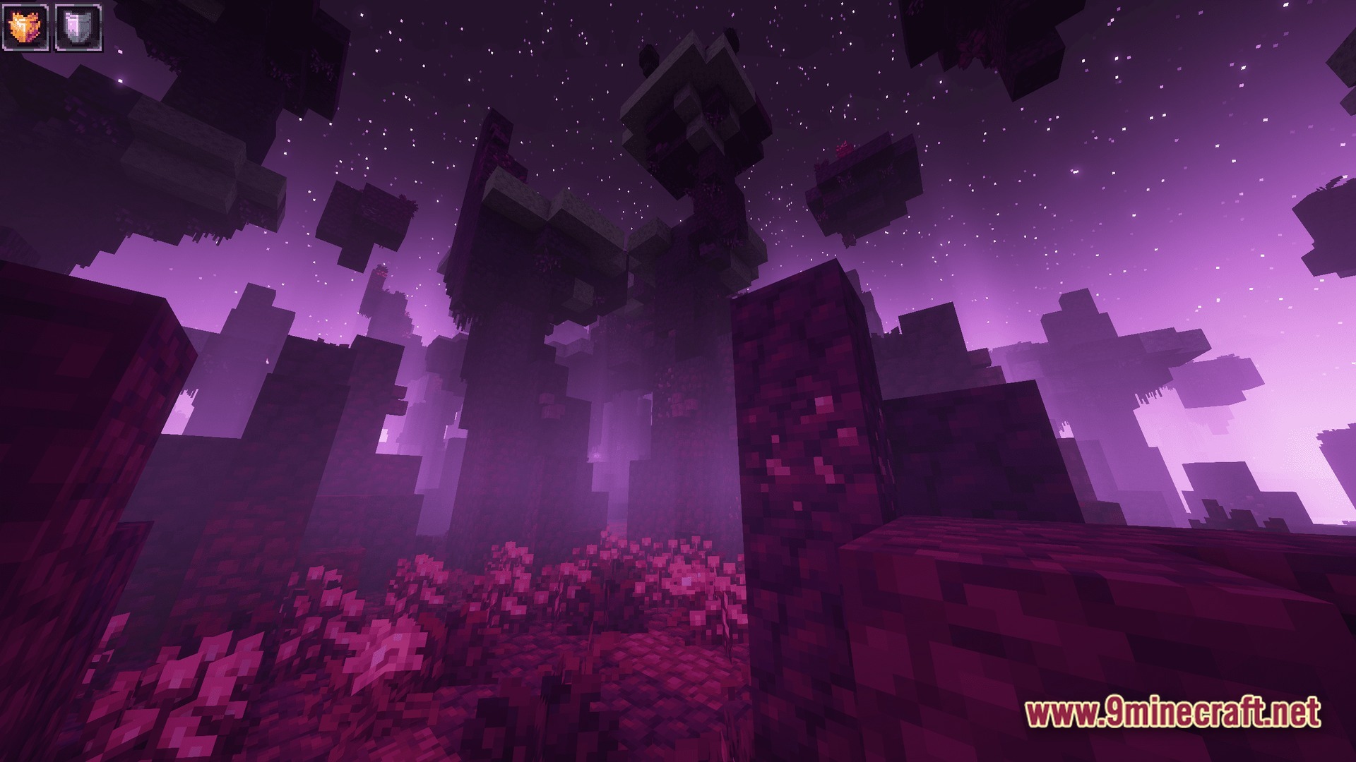 KEO RPG Optimized Modpack Screenshot 7 A purple-hued forest biome featuring tall alien trees and floating islands under a starry night sky
