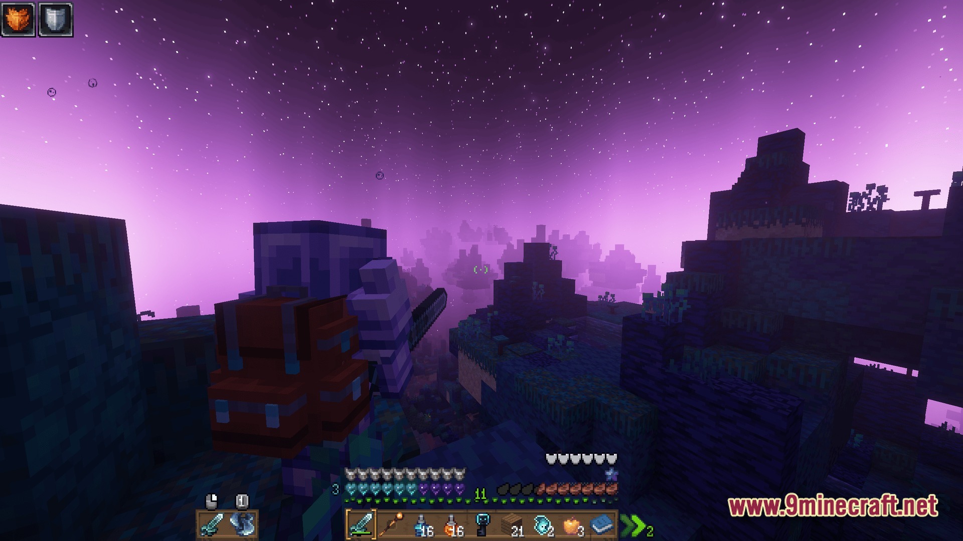 KEO RPG Optimized Modpack Screenshot 8 A player character with a backpack overlooks a purple-tinted alien landscape under a starry sky
