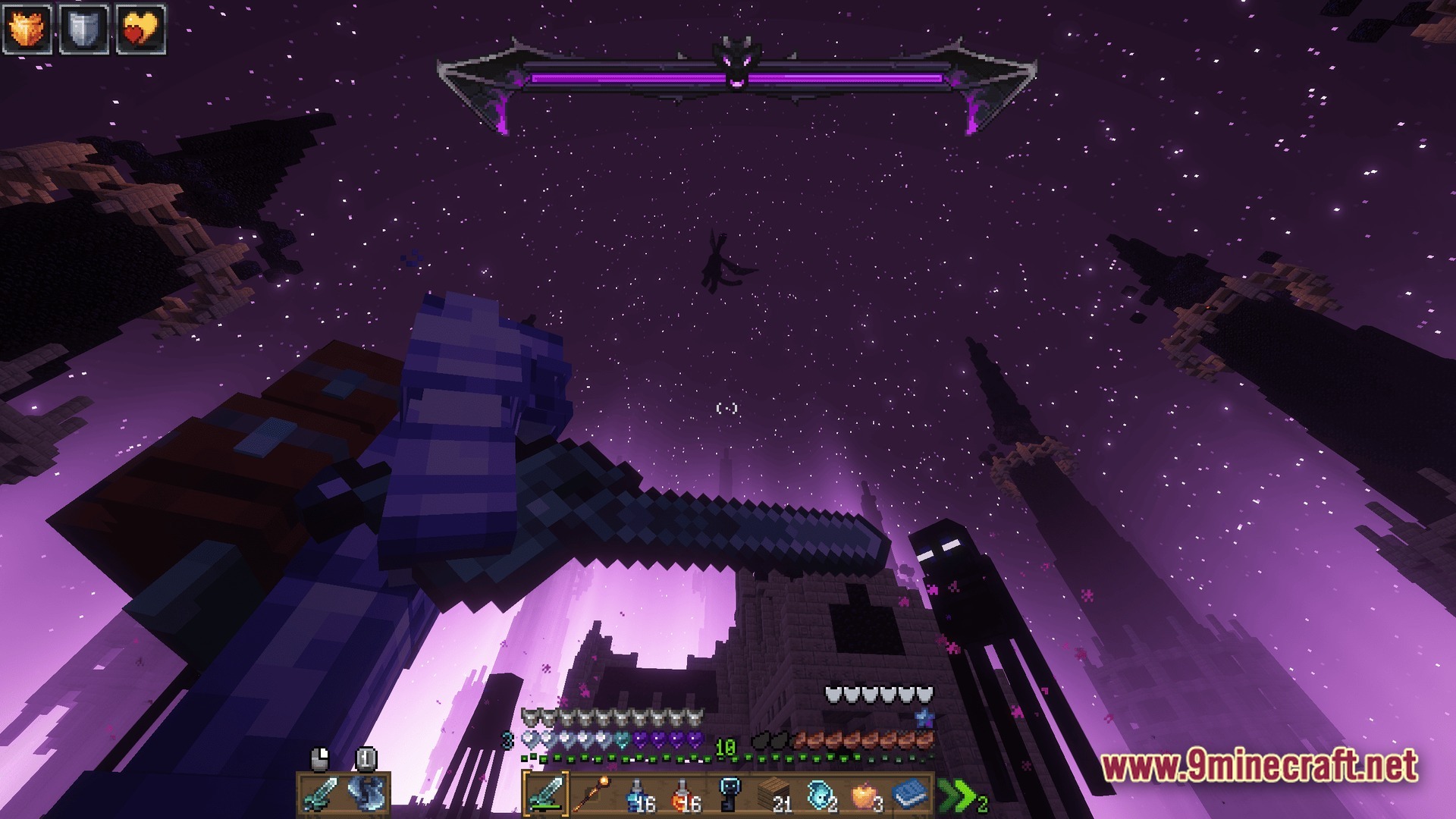 KEO RPG Optimized Modpack Screenshot 9 A player fights the Ender Dragon and Endermen among tall obsidian towers in The End