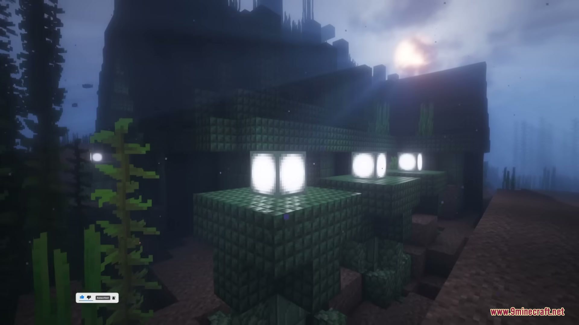 Glowing lanterns illuminate a dark underwater temple structure made of green blocks