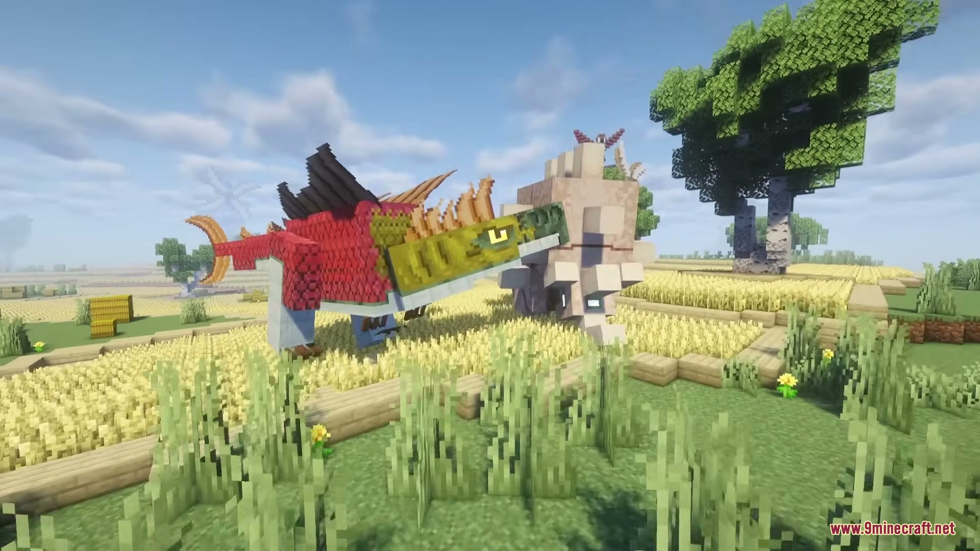 Titanosalmon and Anglopine standing together in a sunny Minecraft wheat field