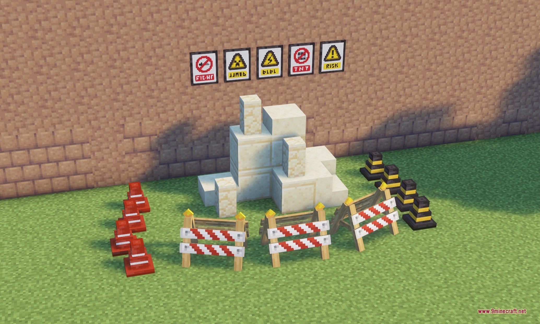 Kaleidoscope Deco Data Pack Screenshot 1 Construction site decorations including traffic cones and warning signs in Minecraft