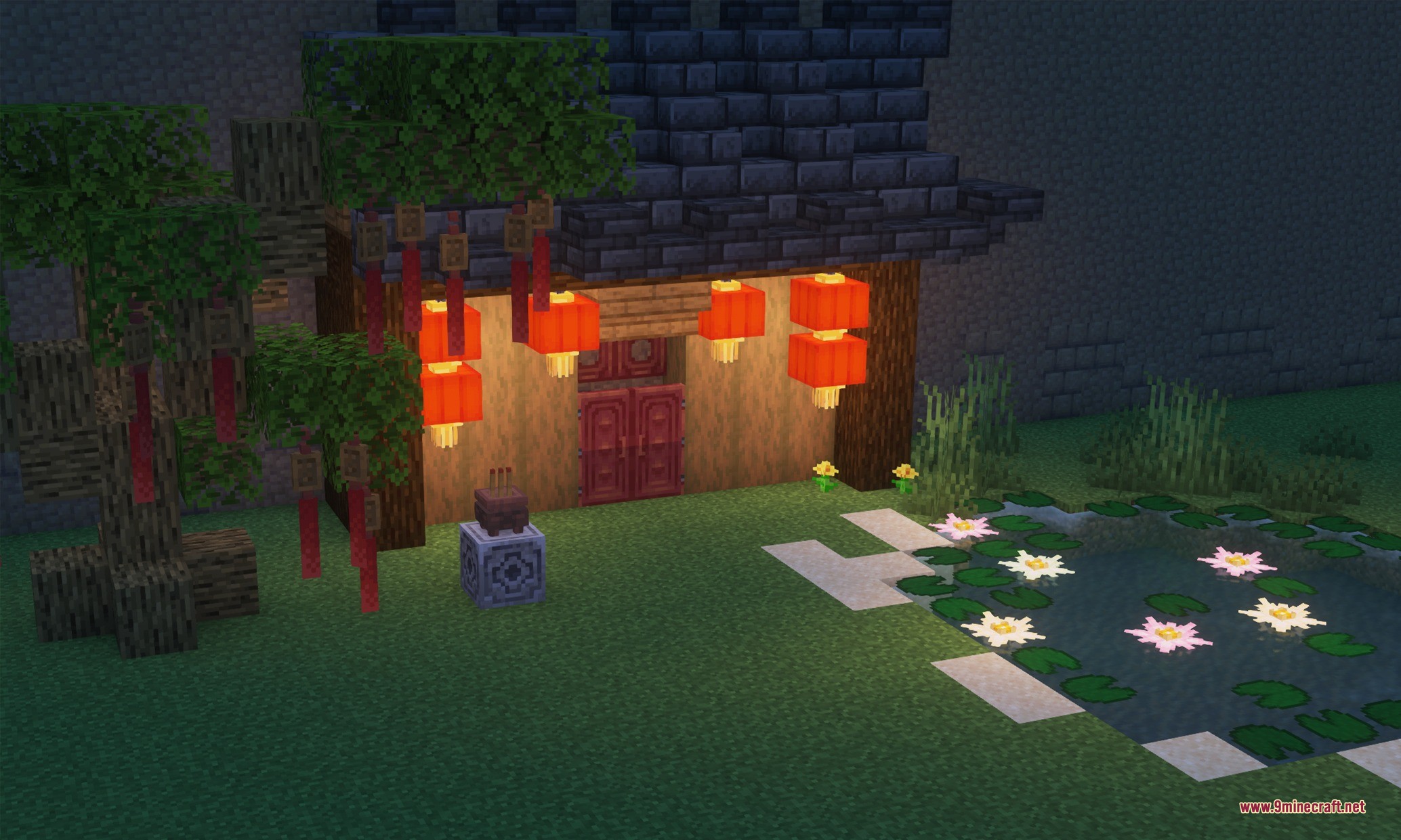 Kaleidoscope Deco Data Pack Screenshot 3 Traditional Chinese building decorated with red lanterns and blessing belts near a pond