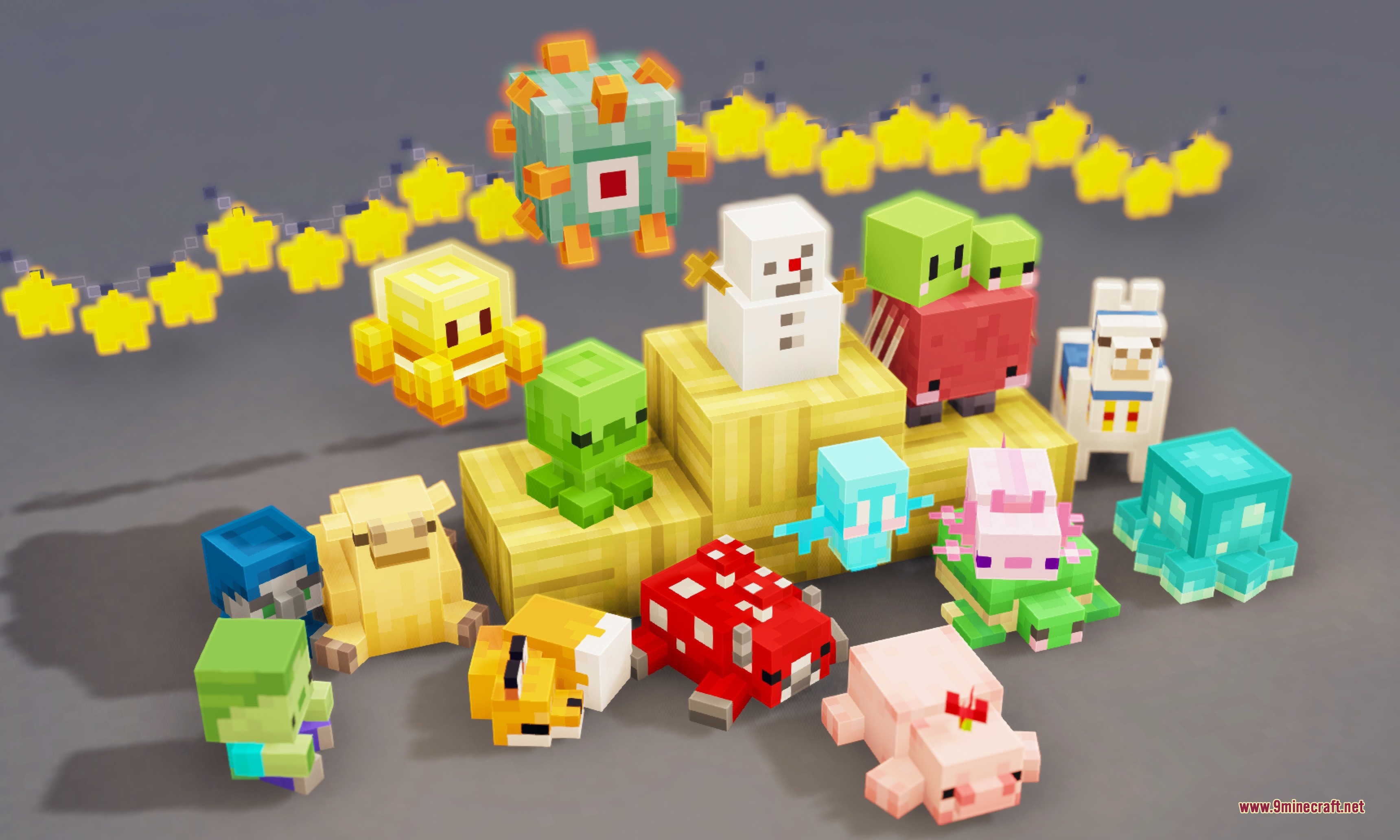 Kaleidoscope Deco Data Pack Screenshot 4 A collection of cute Minecraft mob plushies displayed on wooden blocks with lights