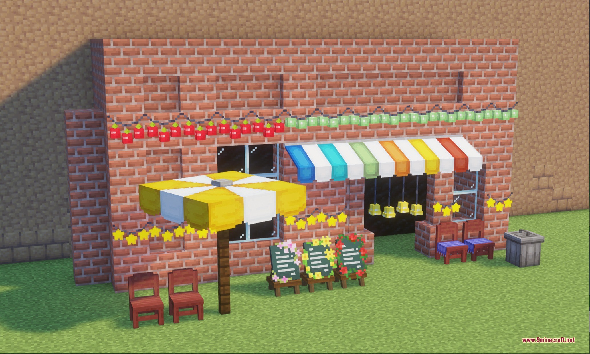 Kaleidoscope Deco Data Pack Screenshot 6 Outdoor shop exterior with a striped awning yellow umbrella and festive string lights