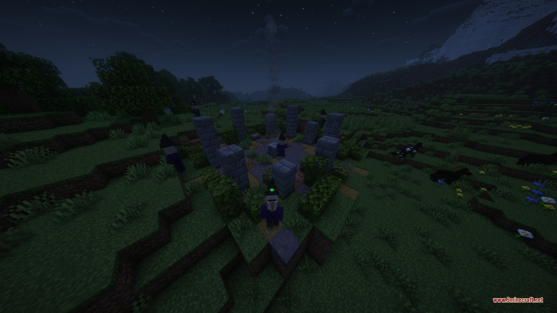 Katters Structures Ambient Data Pack Screenshot 3 Witches standing around a stone circle monument in a grassy field at night