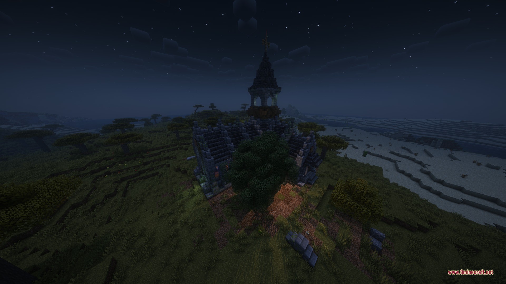Katters Structures Ambient Data Pack Screenshot 5 A stone chapel with a tall steeple stands in a savanna biome at night