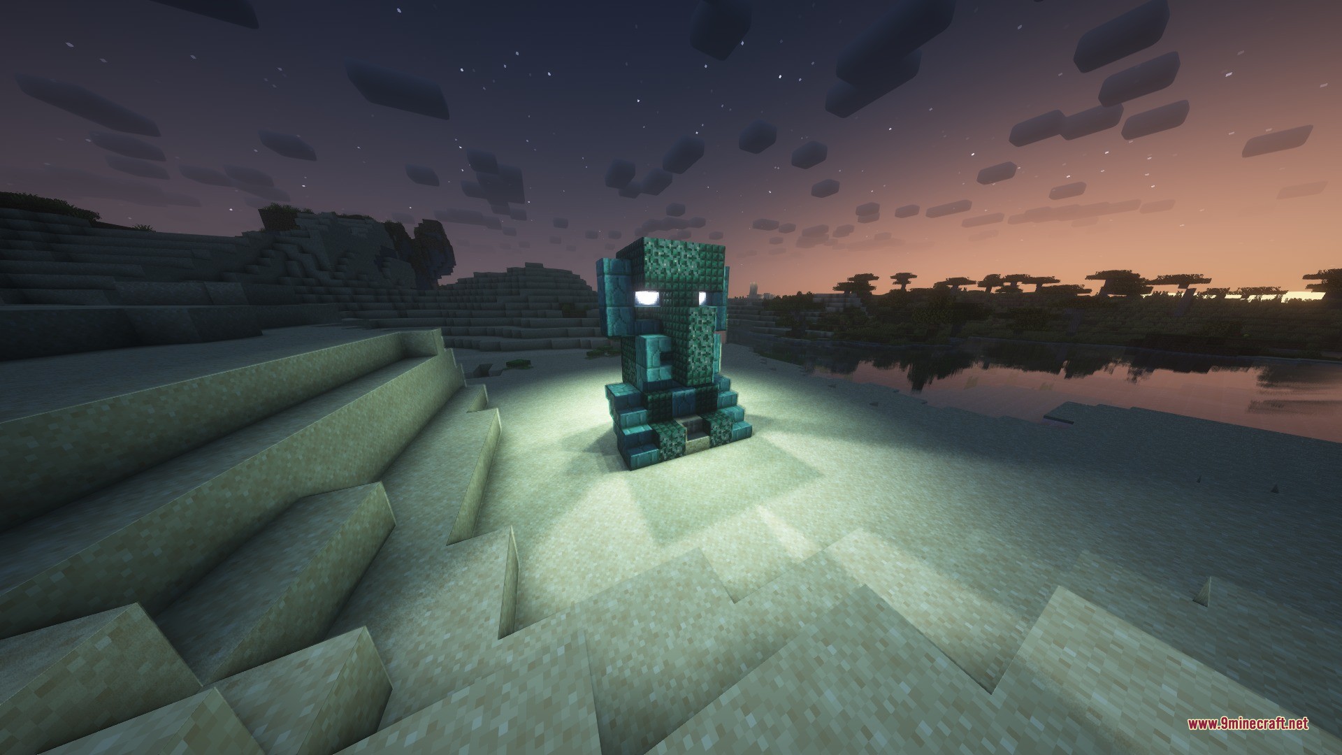 Katters Structures Ambient Data Pack Screenshot 7 A giant villager statue made of copper blocks stands in the desert