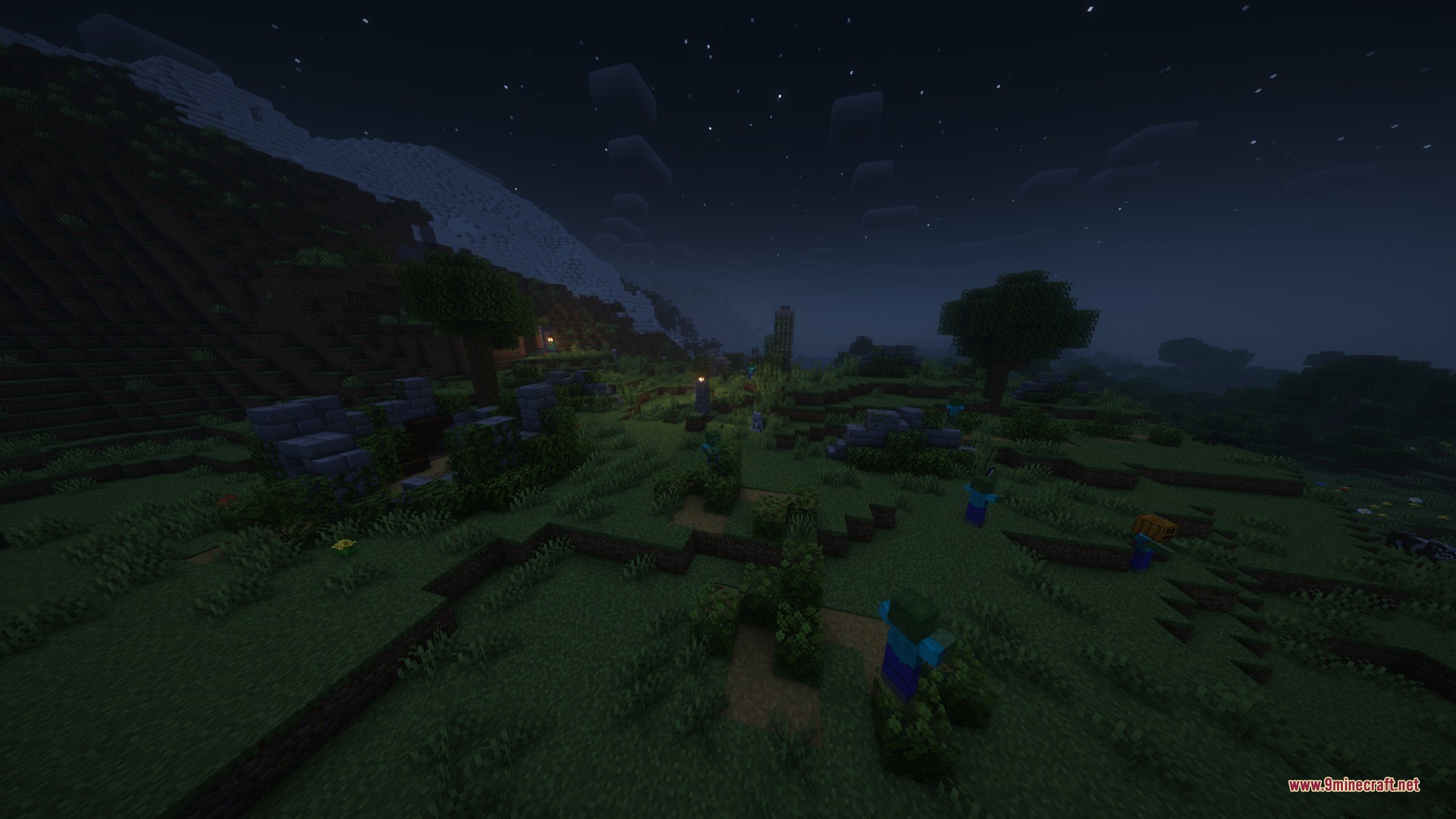 Katters Structures Ambient Data Pack Screenshot 8 Zombies wander near small stone ruins in a grassy biome at night
