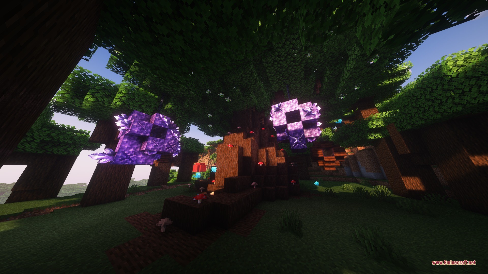 Katters Structures Ambient Data Pack Screenshot 9 Giant dark oak tree with glowing purple amethyst crystals and small mushrooms