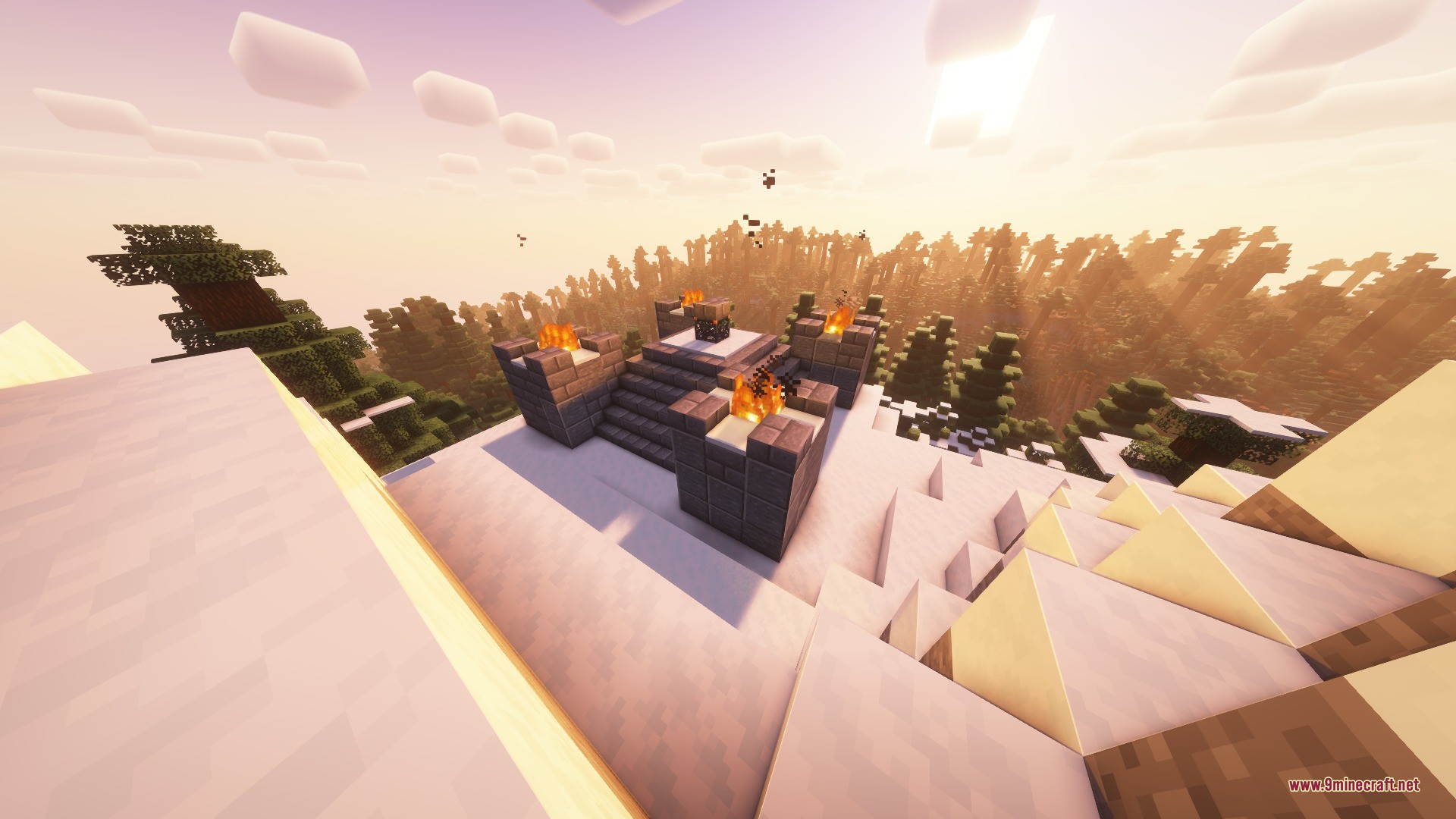 Katters Structures Dungeon Data Pack Screenshot 10 A stone altar with fire pits sits on top of a snowy mountain