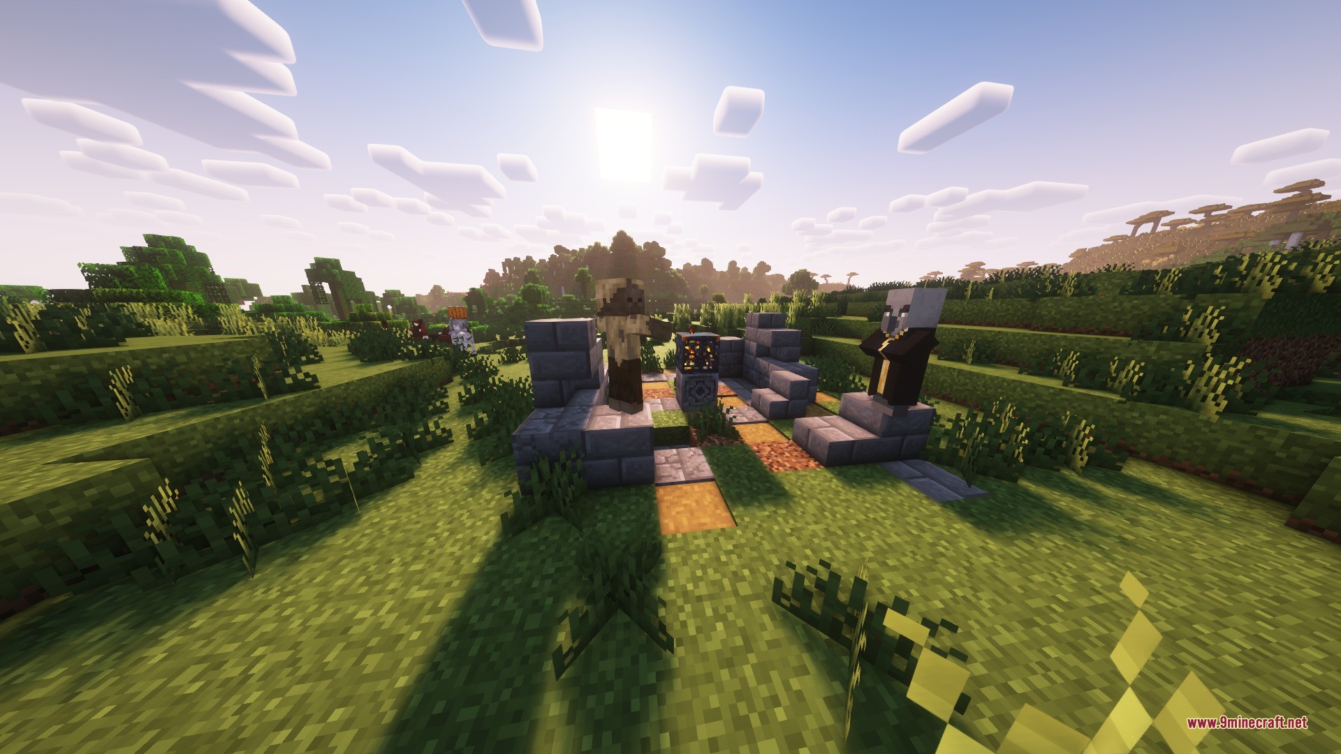 Katters Structures Dungeon Data Pack Screenshot 2 An evoker and a husk standing near a stone ruin with a spawner
