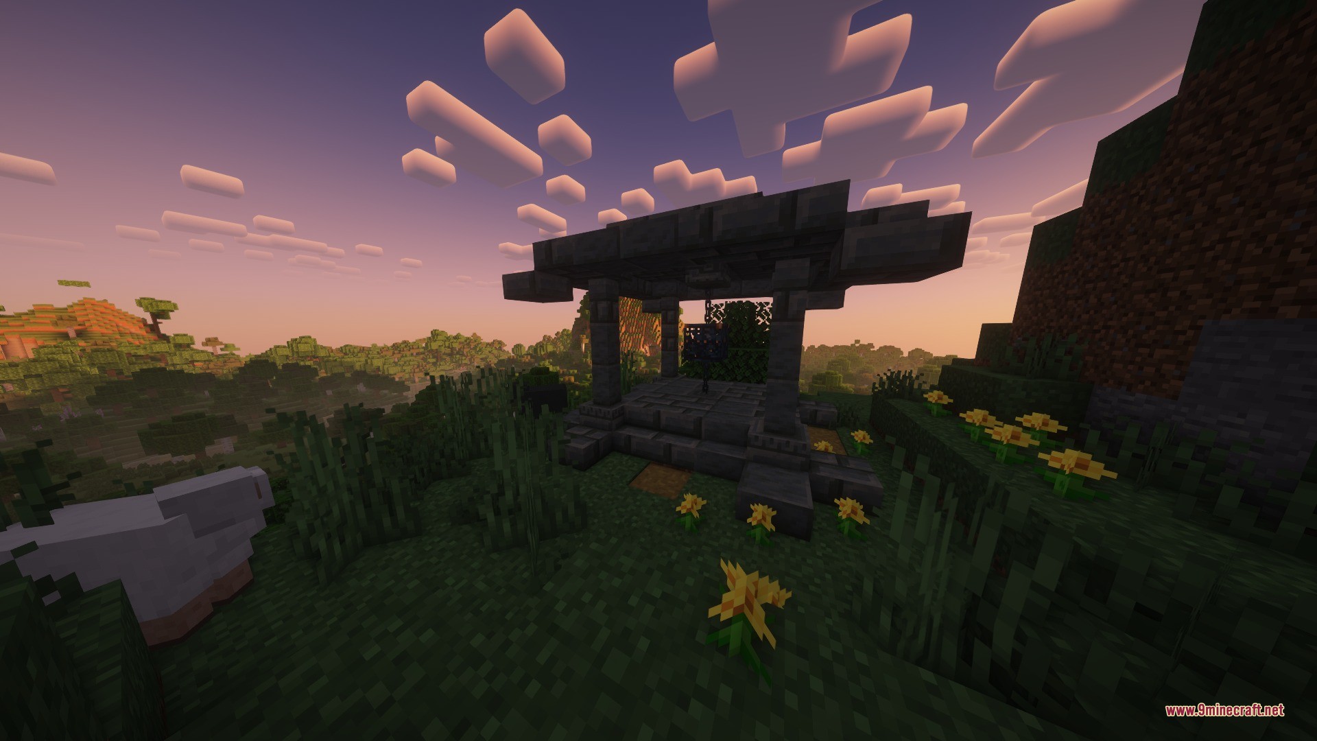 Katters Structures Dungeon Data Pack Screenshot 3 A stone structure from Katters Structures stands on a hill at sunset