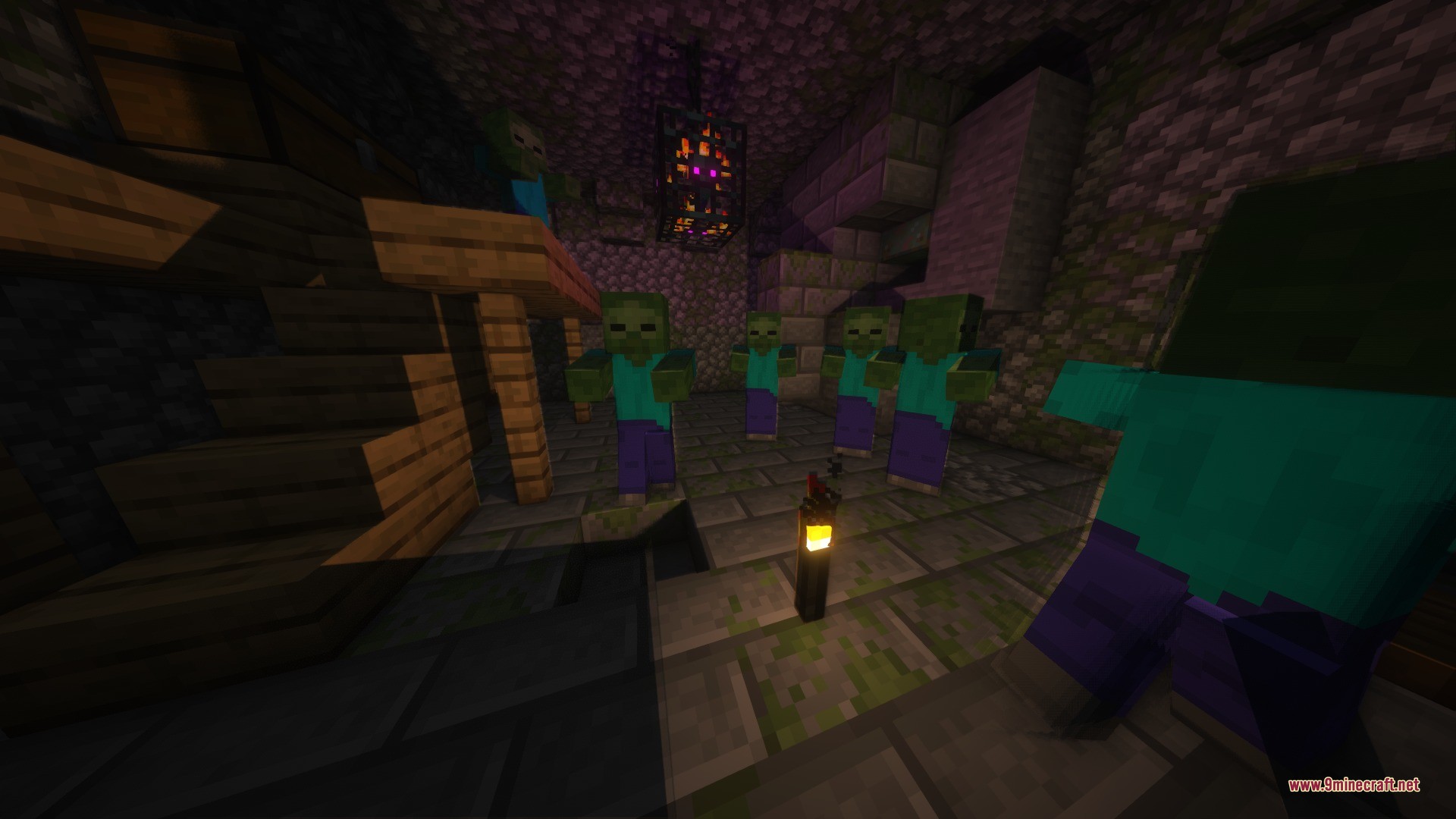 Katters Structures Dungeon Data Pack Screenshot 4 Zombies gather around a monster spawner inside a dark underground dungeon