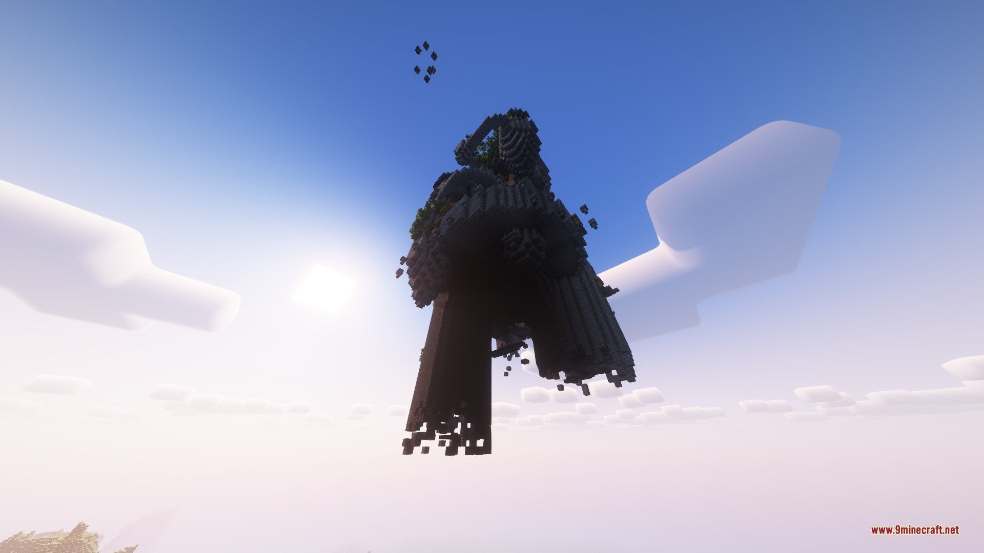 Katters Structures Dungeon Data Pack Screenshot 6 A massive floating sky dungeon structure seen from below against a bright sun